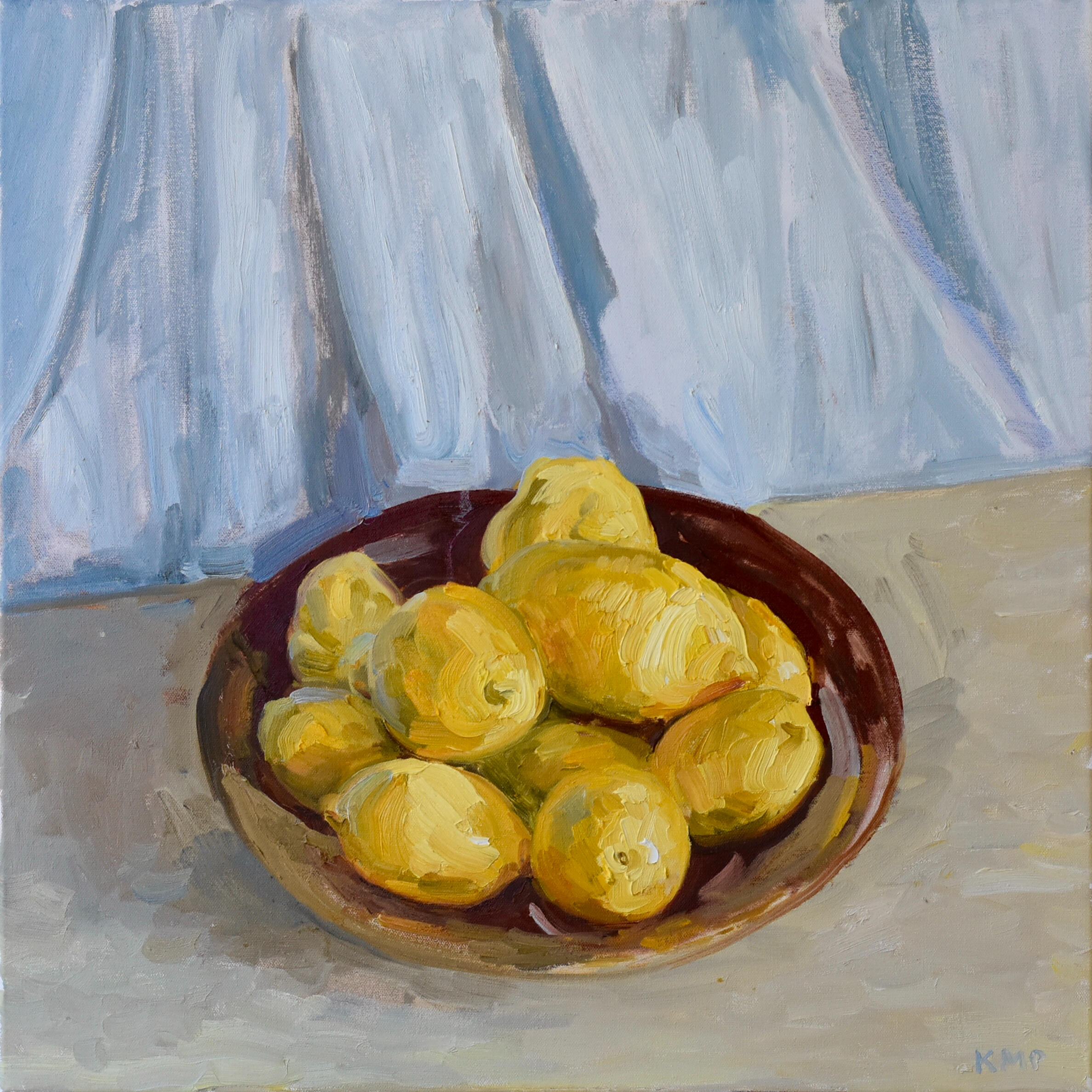 Maroon, yellow and blue, 24x24" oil on canvas, prints available